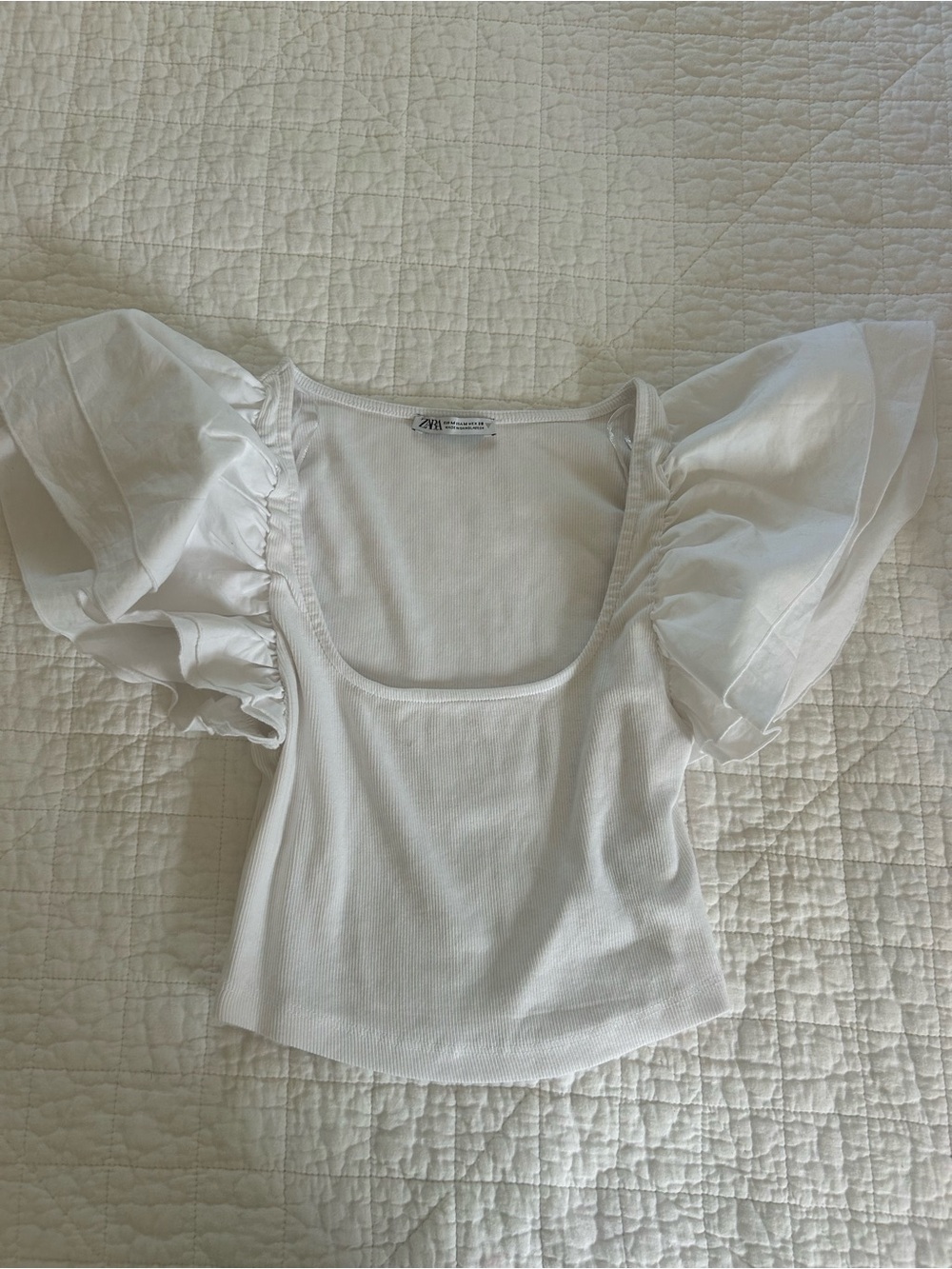 ZARA White Puff-Sleeve Ribbed Crop Top